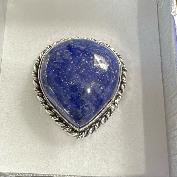 💕 Lapis pear stamped silver plated gemstone ring size 9 - Picture 2 of 5